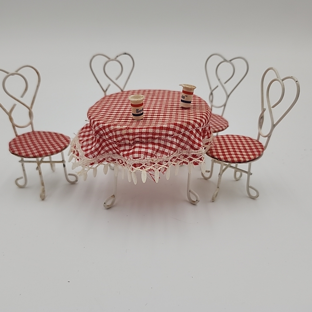 Red Checkered tablecloth white metal Miniature Table Set
